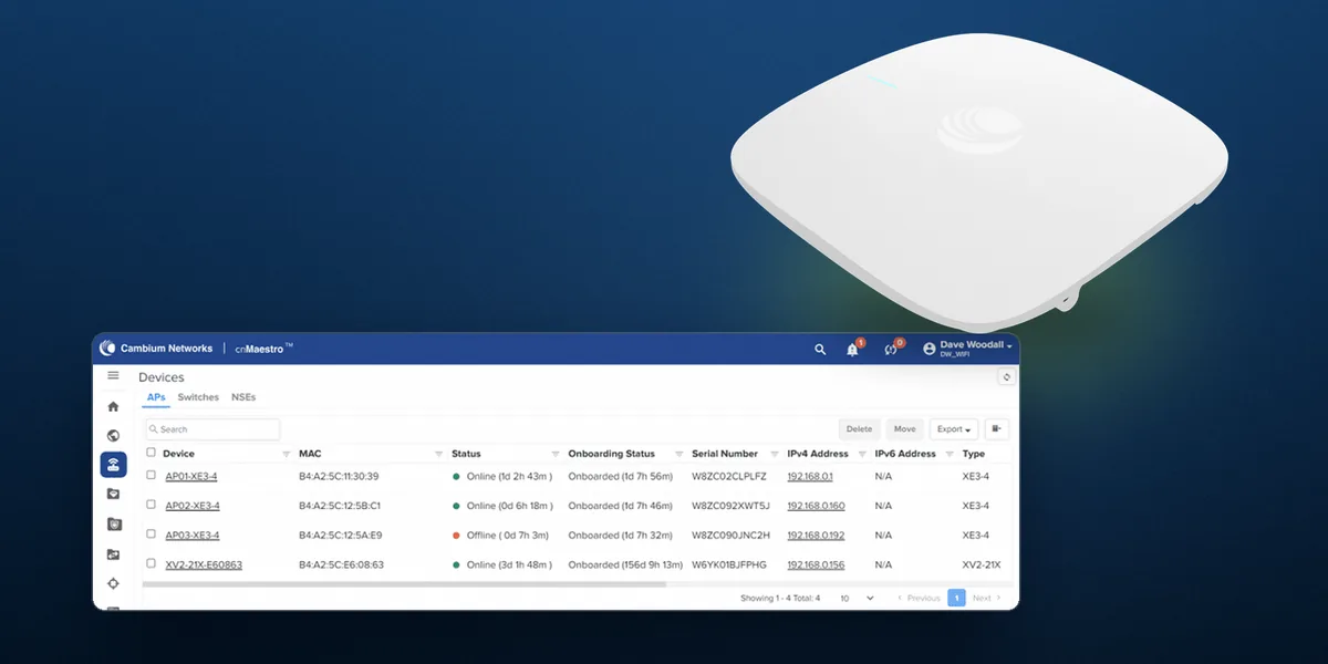 Dave Woodall's own cnMaestro account listing his three XE3-4 access points, beside the Cambium Networks product render of the XE3-4.
