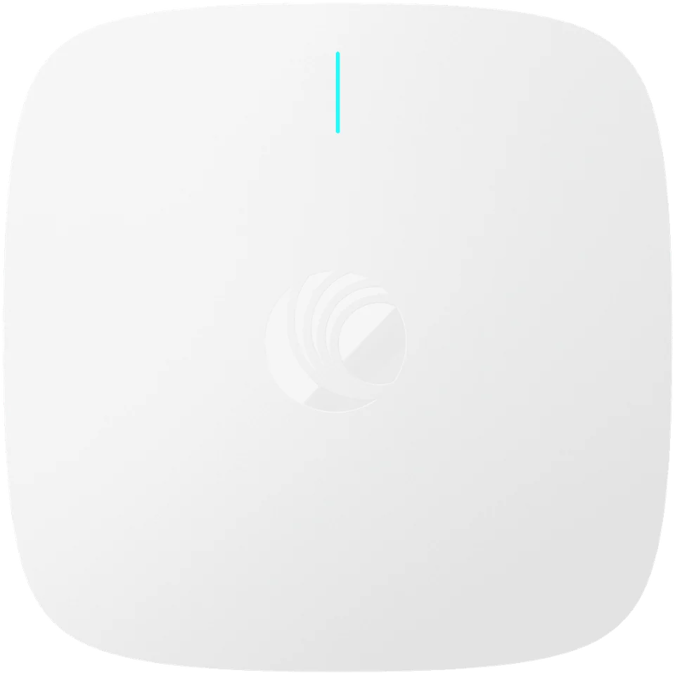 Cambium XE3-4 access point seen from directly above, with its cyan status light.