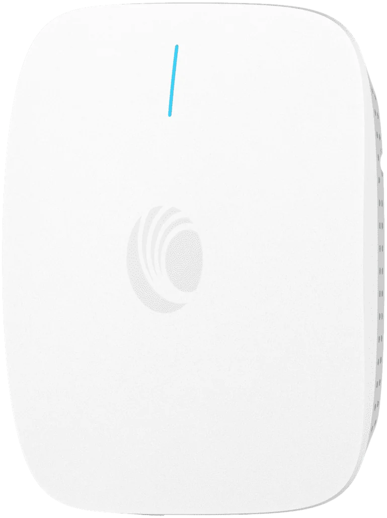 Cambium XV2-21X access point seen face on at an angle, with the embossed Cambium swirl.