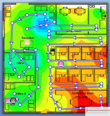 Example of survey software output: a TamoGraph signal-level heat map over an office floor plan, with the walked survey route.