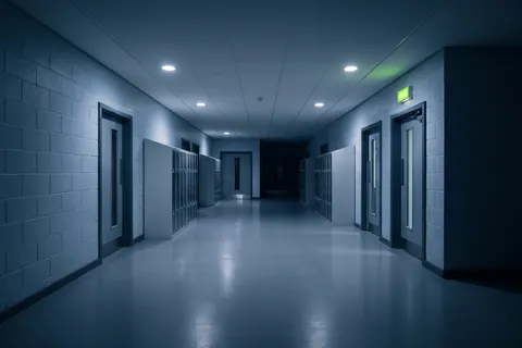 Illustration: an empty school corridor at dusk with block walls, lockers and classroom doors, a lime light above one door.