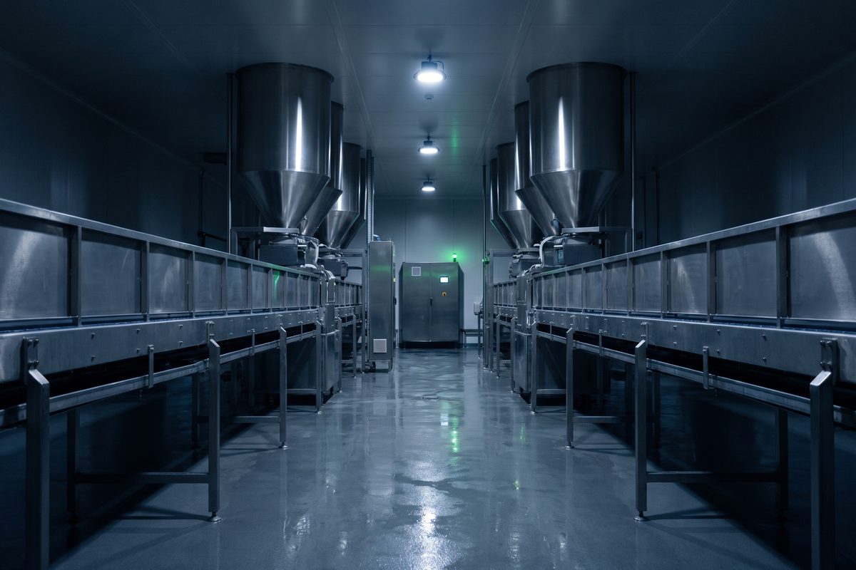 Illustration: an empty stainless steel food production hall with conveyor lines, hoppers and a wet resin floor, a lime lamp on a control cabinet.