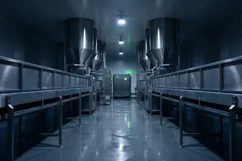 Illustration: an empty stainless steel food production hall with conveyor lines, hoppers and a wet resin floor, a lime lamp on a control cabinet.
