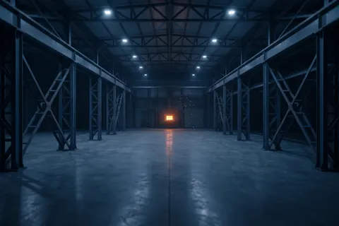 Illustration: a dark foundry hall framed by heavy steel structure, a furnace glowing amber in the distance.
